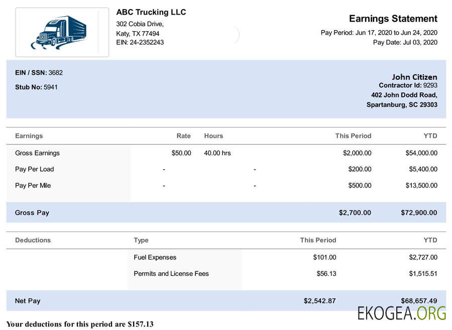 États Unis Caroline du Sud TRUCKING LLC bulletin de paie aux formats Word et PDF